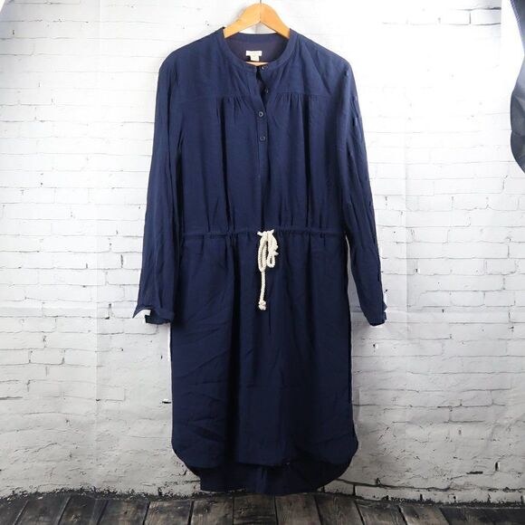 J. CREW BLUE LONG SLEEVE 1/2 BUTTON DOWN TIE WAIST MIDI DRESS SIZE MEDIUM - Picture 1 of 10